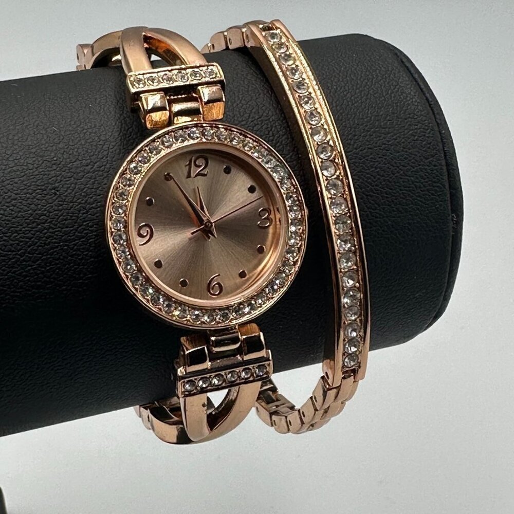 Rhinestone Watch Matching Bracelet Set Women Rose Gold Tone New Battery 7.25"